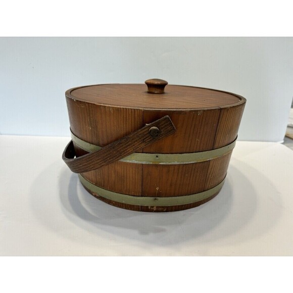 Vintage Shaker Wood Sewing Box with Swing Handle Storage Brass Banded Lid - Picture 3 of 16